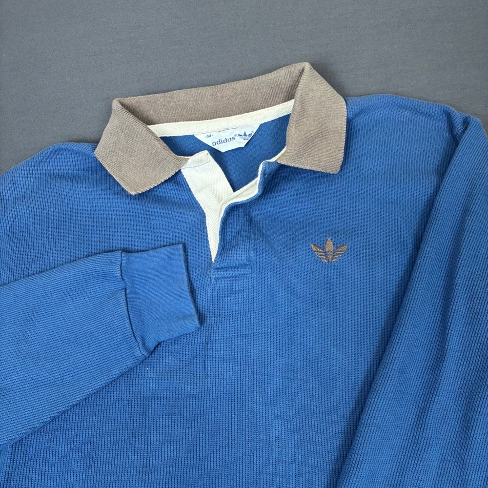 VTG 80s Adidas Blue Thermal Rugby Long Sleeve Polo Shirt Size Medium
